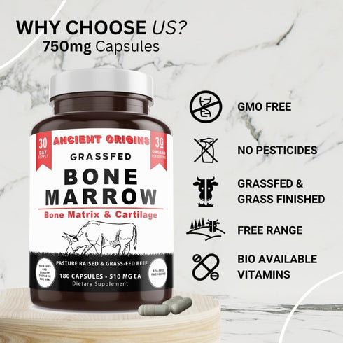 Ancient Origins Grass Fed Bone Marrow Supplement - 3060mg for Skin, Oral Health, and Joint Support, 180 Capsules