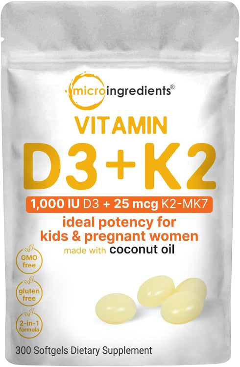 Micro Ingredients Vitamin D3 1,000 iu Plus K2 (MK-7) 25 mcg, 300 Virgin Coconut Oil Softgels | 2 in 1 Vitamins D & K