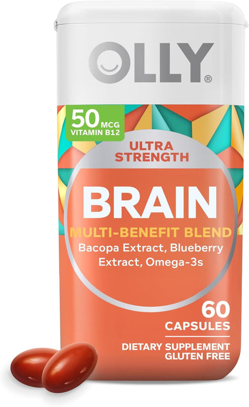 OLLY Ultra Strength Brain Softgels - Supports Memory, Focus & Concentration with Omega-3s, 60 Count