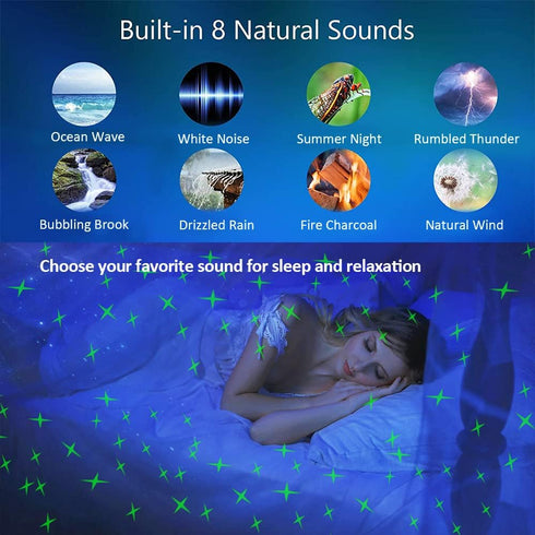 Hubbmx 8 10 Star Projector, LED Night Light White Noise Sound Machine, Soother Sounds, Light Modes, Music Speaker