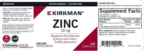 Kirkman Zinc 20mg - 250 Capsules - High Absorption - Immune Support - Hypoallergenic