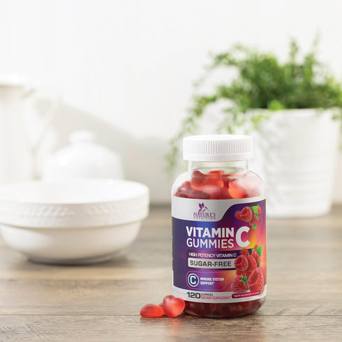 Sugar Free Vitamin C Gummies - 120 Count, Immune Support & Antioxidant Supplement, Vegan, Raspberry Flavor
