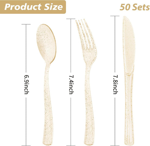 Goodluck 150 Gold Glitter Plastic Silverware, Disposable Glitter Utensil Set of 50 Forks, 50 Spoons, 50 Knives for
