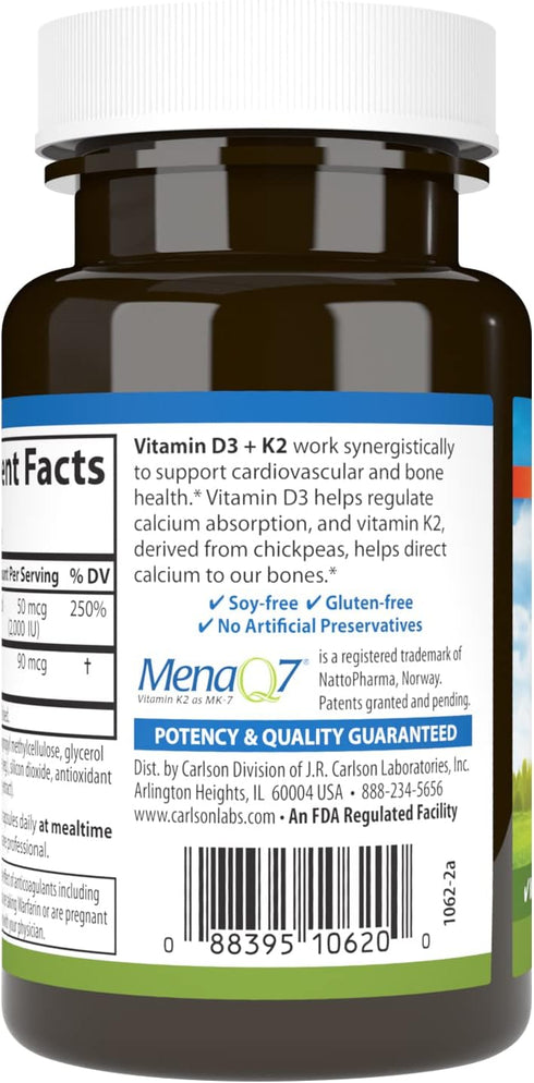 Carlson Vitamin D3 + K2, 50 mcg (2000 IU) Vitamin D3 & 90 mcg Vitamin K2, 120 Capsules