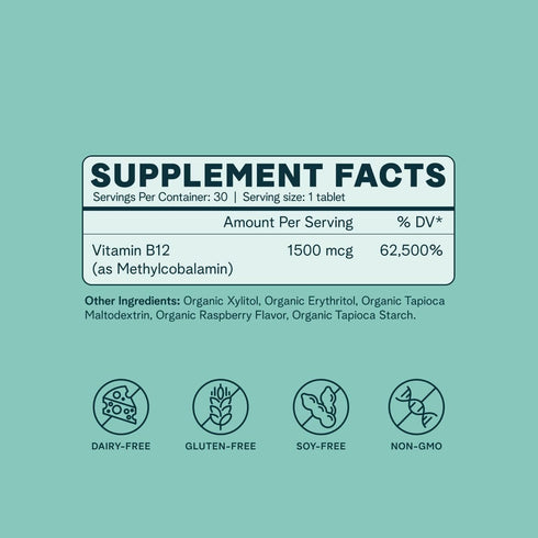 Ora Organic Vitamin B12 1500mcg - Plant-Based Methylcobalamin for Adults, Raspberry Flavor Chewable Tablets - 30 Count