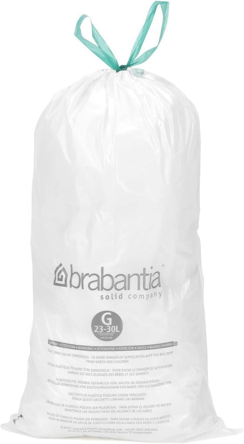 Brabantia PerfectFit Trash Bags, Size G / 6-8 Gallon, Thick Plastic Liners with Tie Tape Drawstring Handles (20 Bags)