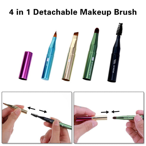 simarro 4 in 1 Makeup Brush Set, Portable Travel Size Make Up Brushes Detachable Eyeshadow Brush Eyebrow Brush Screw Brush Lip Brush for Foundation, Concealer, and Powder Liquid (Multicolor)