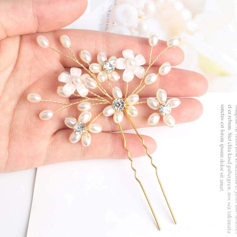 Wedding Hair Pins (3 Pcs) - Elegant Pearl Floral Crystal Hair Accessories for Bridal Women in Gold