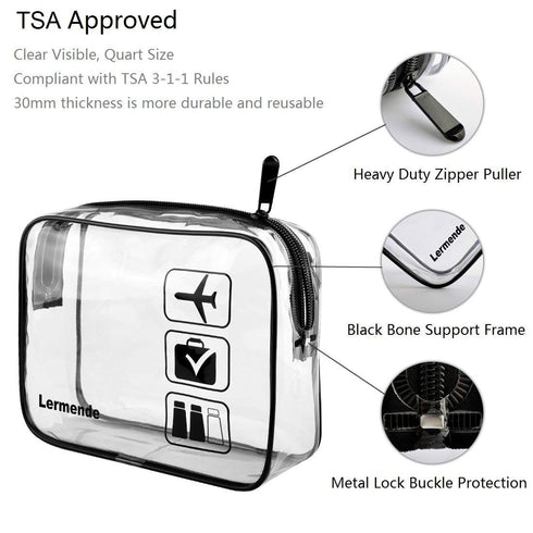 Lermende 3pcs TSA Approved Toiletry Bag, Clear Travel Cosmetic Makeup Bags for Men Women (Black)