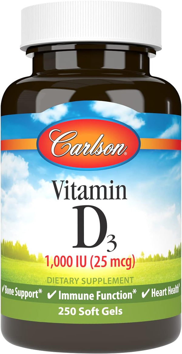 Carlson - Vitamin D3, 1000 IU (25 mcg), Bone Health, Muscle Health, Cholecalciferol, Vitamin D Supplements, 250 Softgels