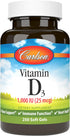 Carlson - Vitamin D3, 1000 IU (25 mcg), Bone Health, Muscle Health, Cholecalciferol, Vitamin D Supplements, 250 Softgels