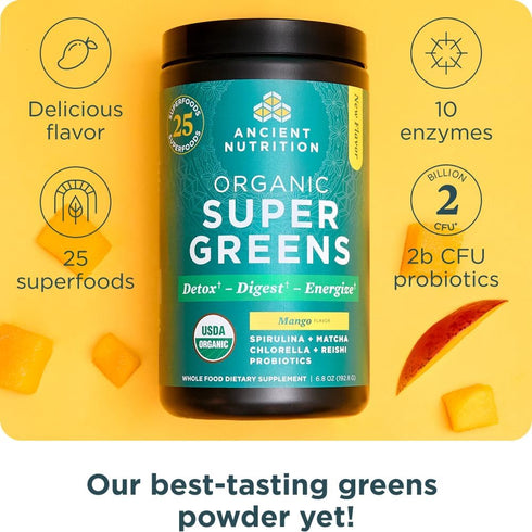 Ancient Nutrition SuperGreens Powder with Probiotics - Organic Mango Flavor Greens, Digestive and Energy Support, Made