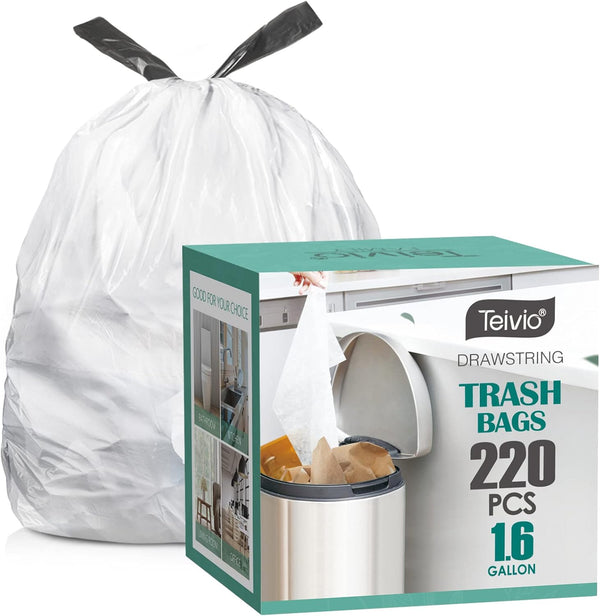 Teivio 1.6 Gallon Strong Drawstring Trash Bags, 220pcs, Garbage Bags for Bathroom Trash Can, Code B fit 6 Liter