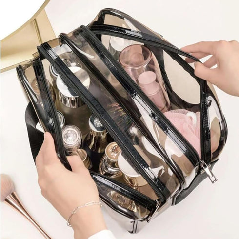 WEISIPU Large Waterproof Clear Travel Bag for Toiletries - Transparent Makeup Bag with Double Zipper Design - TSA Compliant Carry-On for Men and Women - Stylish Black Trim