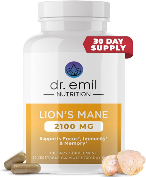 DR. EMIL NUTRITION 2100mg Organic Lions Mane Supplement Capsules - Focus, Mental Clarity, Cognition - Nootropic