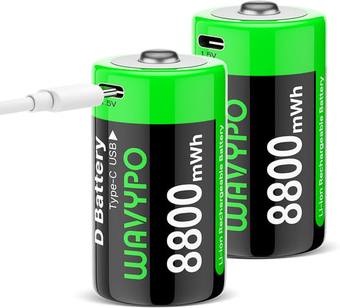 WAVYPO 8800mAh Rechargeable D Lithium Batteries with Included USB-C Charging Cable, Rechargeable D