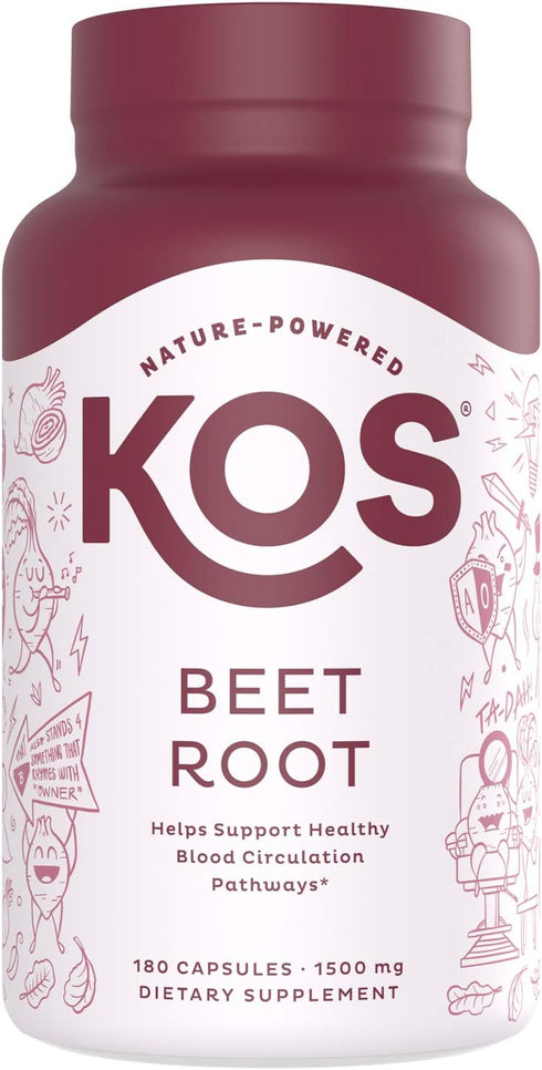 KOS Organic Beet Root Capsules 1500mg - Natural Nitric Oxide Booster, 180 Capsules for Healthy Active Lifestyle