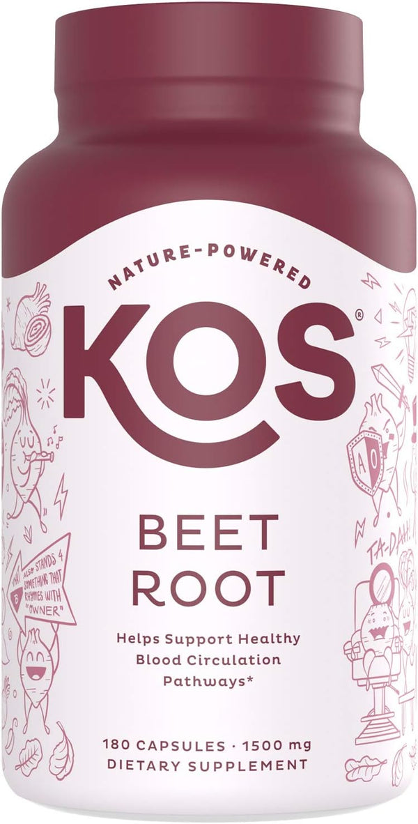 KOS Organic Beet Root Capsules 1500mg - Natural Nitric Oxide Booster, 180 Capsules for Healthy Active Lifestyle