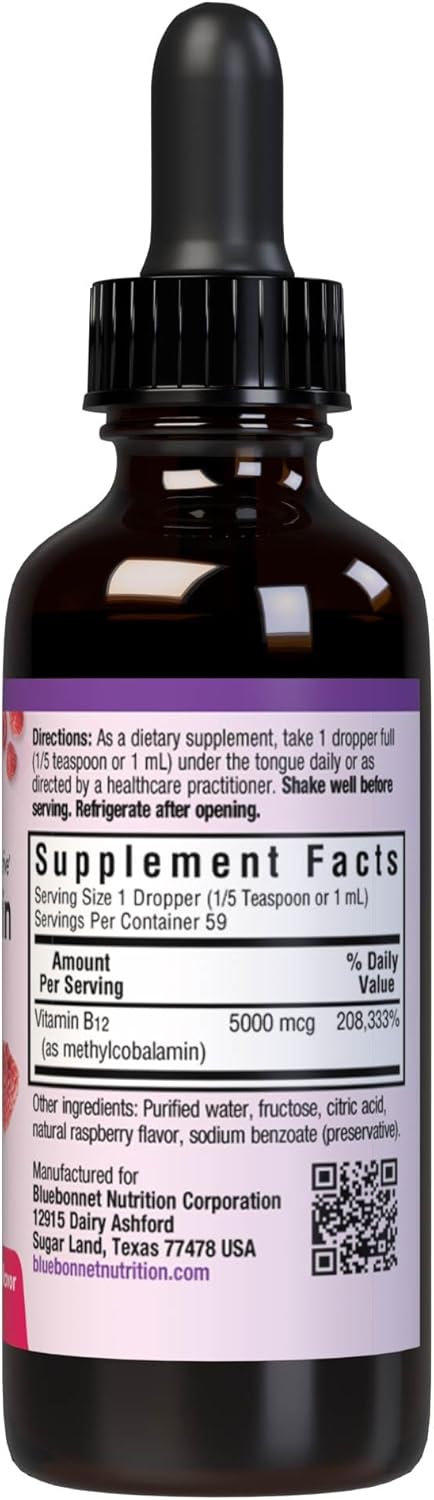 Liquid Methylcobalamin Vitamin B12, 5000 mcg, 2 Fl Oz, Bluebonnet - Vegan, Gluten-Free, Raspberry Flavor