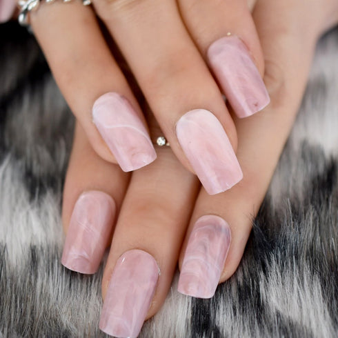 Shiny Pink Marble Artificial Nails, Square Medium Size Fake Pre-designed Nail Art Kit for Women