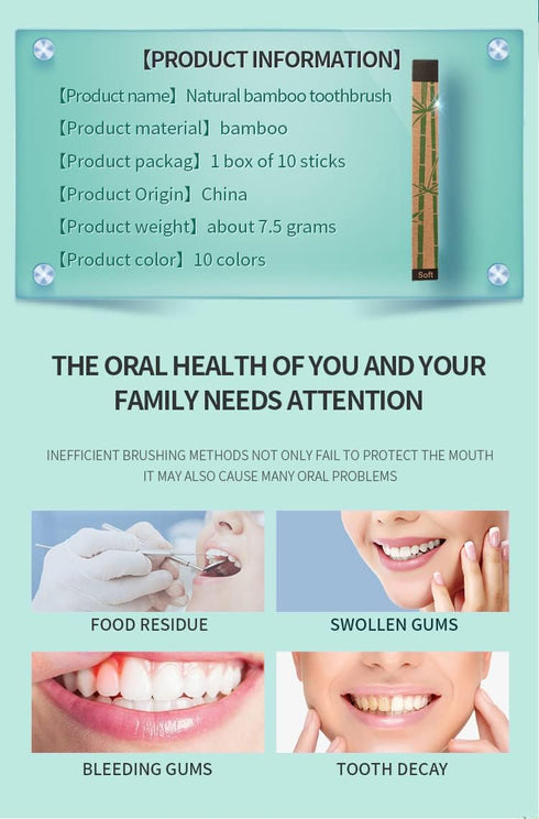 Lunaya Set 10 Pack Bamboo Toothbrush - - Natural Bamboo - Brown Nylon Bristles - Manual Toothbrush
