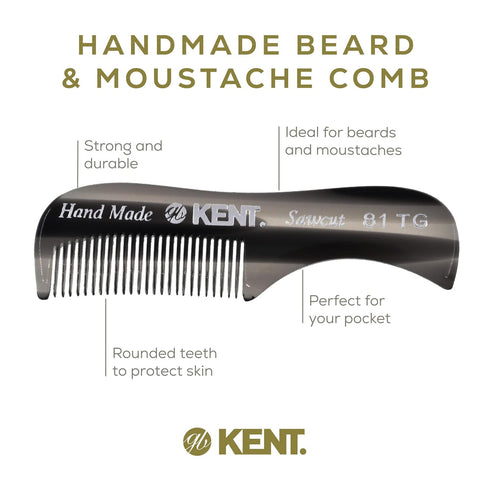 Kent 81T Black Graphite X-Small Beard and Mustache Pocket Comb, Fine Toothed for Facial Hair Grooming, Hand-Made