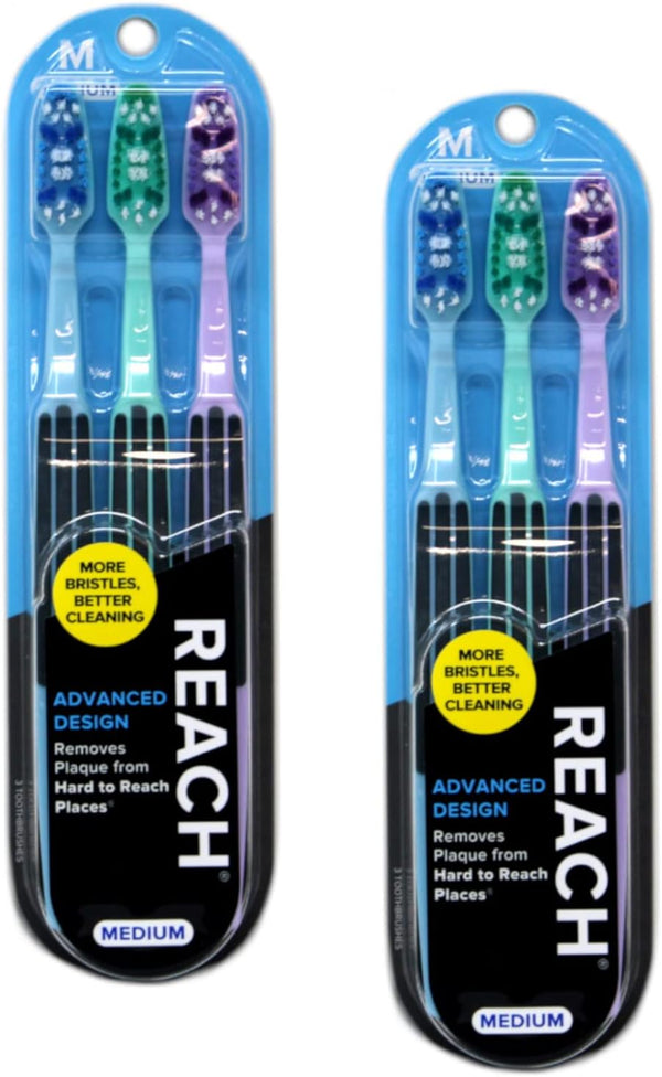 Reach Advanced Design Medium Toothbrushes, Colors May Vary, 3 Count (Pack of 2)