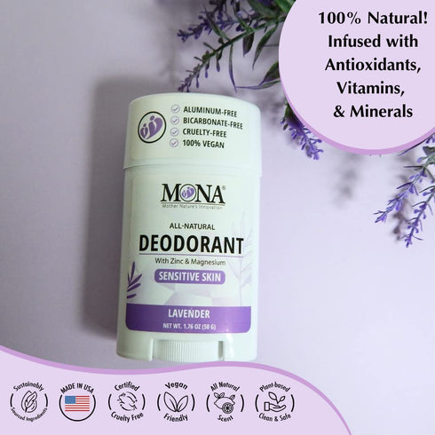 MONA BRANDS All Natural Deodorant for Women & Men, Sensitive Skin, No Aluminum or Baking Soda, 2-Pack Lavender