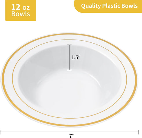 Goodluck 25 Pack Plastic Bowls with Gold Rim, 12oz Disposable Soup Bowls for Weddings, Parties, Dinners, Catering