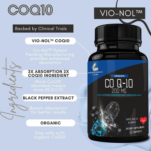 Research Labs Advanced Absorption 200mg CoQ10 w/Black Pepper Extract. 2 for 1 Ad 180 Softgels. Organic, Gluten Free, Heart Health Support, Energy Production, Antioxidant Supplement