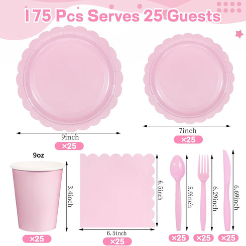175 Pcs Pink Paper Plates and Napkins, 25 Guest Light Pink Party Supplies Include Pink Scalloped Plates Paper Napkins Cups Plastic Spoons Forks Knives for Baby Shower, Wedding, Birthday by Xiangqu