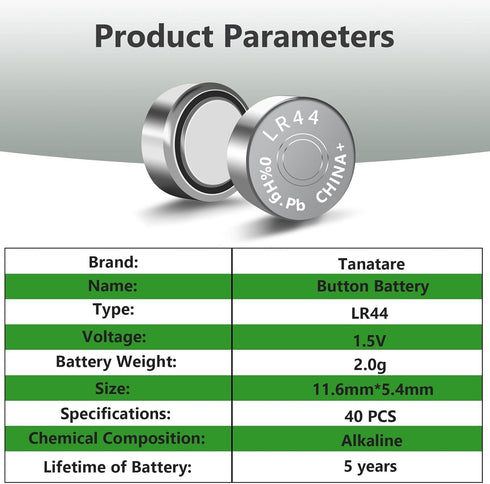 Tanatare 40 Pack LR44 1.5V Alkaline Batteries, Premium Button Coin Cell Long Lasting for Electronic Devices