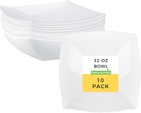 Restaurantware Moderna 32 Ounce Fancy Plastic Bowls, 10 Square Disposable Salad Bowls for Warm and Cold Foods