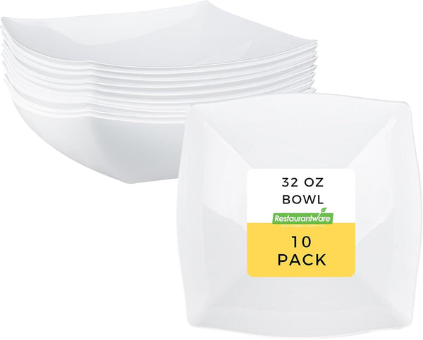 Restaurantware Moderna 32 Ounce Fancy Plastic Bowls, 10 Square Disposable Salad Bowls for Warm and Cold Foods