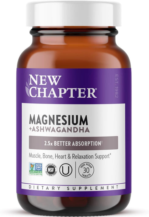 New Chapter Magnesium + Ashwagandha Supplement, 30 ct, 325 mg with Magnesium Glycinate, Gluten Free