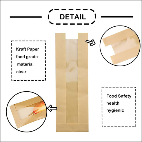 Rixoxo 100Pieces Packaging (14inch 100PCS) French Bread Bags Bakery Bags with Window Large Baguette Bread Bags Kraft