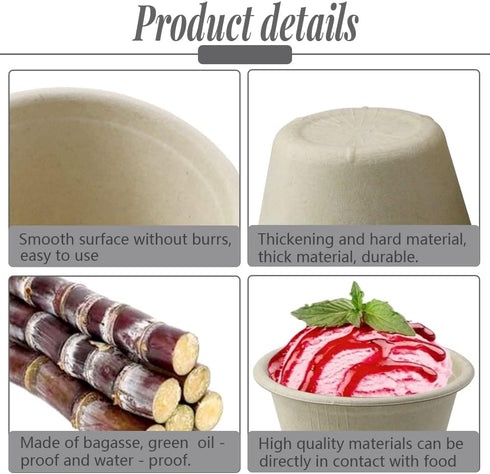 100 Pack 4oz Natural Bagasse Fiber Bowls, Small Disposable Paper Cups for Microwavable Safe Snack Charcuterie Serving