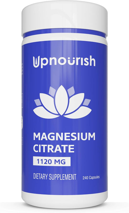 UpNourish Pure Magnesium Citrate (Citrato de Magnesio) 1120mg, 240 Capsules - High Absorption Magnesium Supplement for