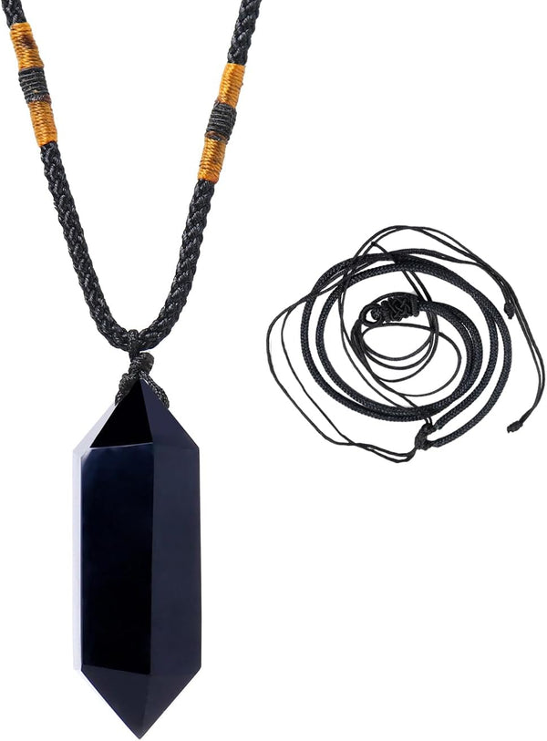 Runyangshi Black Obsidian Healing Crystal Pendants, Double Pointed Natural Crystal Quartz Necklace, Chakra Crystal Wand