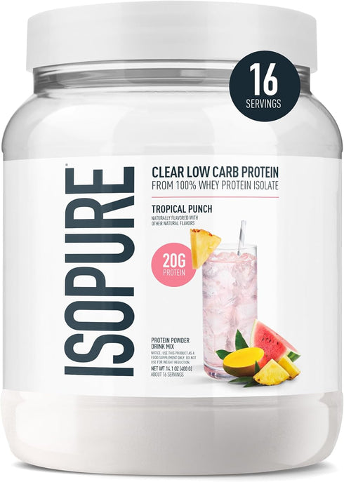 Isopure Clear Whey Isolate Protein Powder, Tropical Punch, Lactose Free, Gluten Free, 20g Protein Per Serving, 14.1 Oz