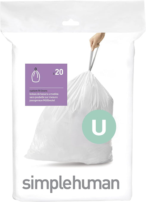 simplehuman Code U Custom Fit Drawstring Trash Bags, 20 Count, 55 Liter, White
