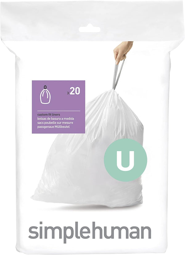 simplehuman Code U Custom Fit Drawstring Trash Bags, 20 Count, 55 Liter, White