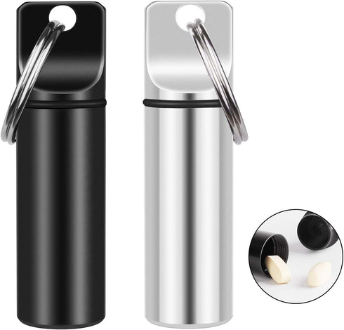 2 Pack Small Pocket Pill Box Keychain, Portable Mini Aluminium Pill Organizer for Travel (Black & White)