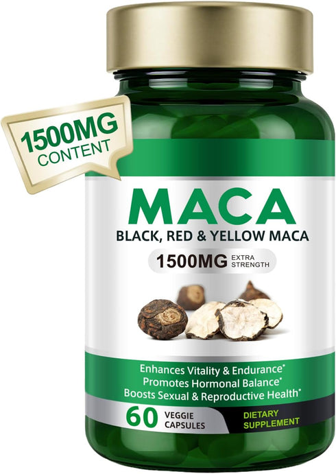 Vceeoy 1500 -60 Maca Root, Black Pepper Extract Capsules for Women & Men with mg Black, Red & Yellow Maca,Gives Energy