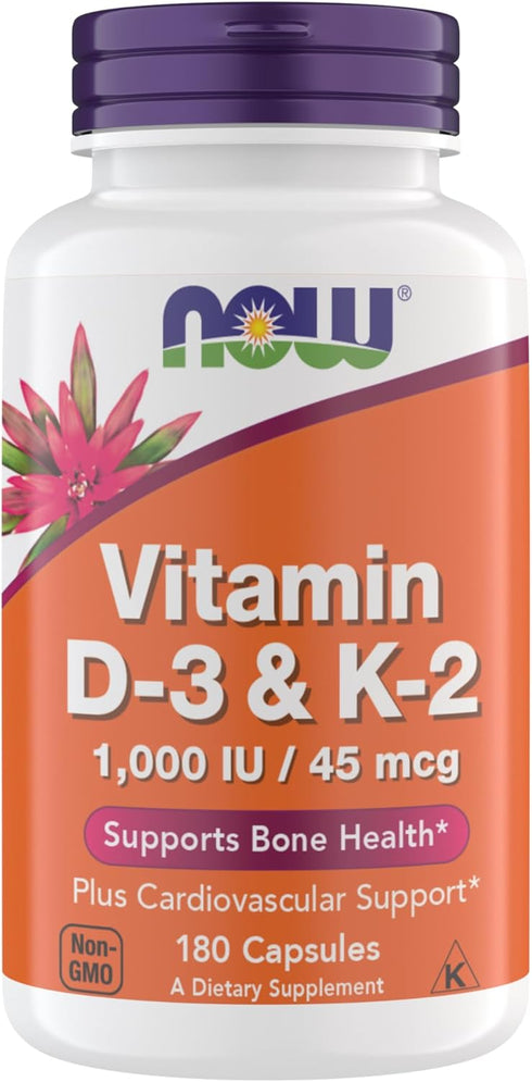 Now Vitamin D3 K2 - 1,000 IU/45 mcg for Cardiovascular & Bone Health, 180 Vegetarian Capsules