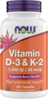 Now Vitamin D3 K2 - 1,000 IU/45 mcg for Cardiovascular & Bone Health, 180 Vegetarian Capsules