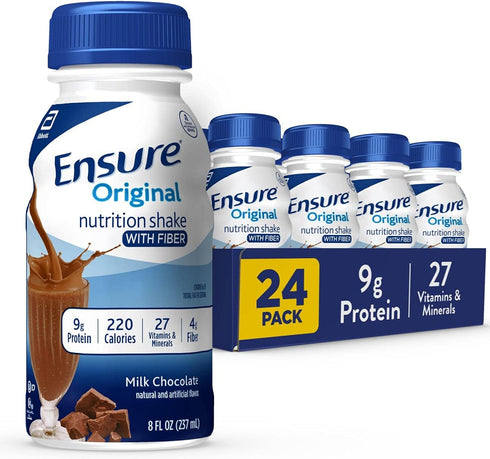 Ensure Original Milk Chocolate Nutrition Shake with Fiber, Meal Replacement, 9g Protein, 27 Vitamins, 8 fl oz - 24 Pack
