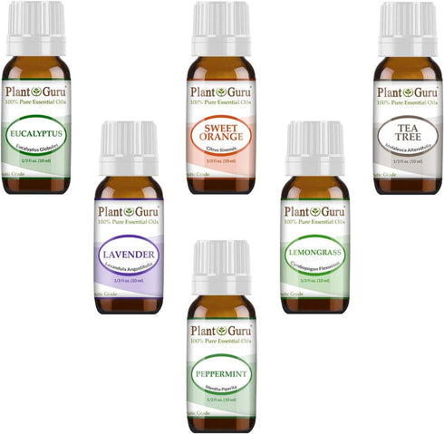 Essential Oil Set 6-10 ml Therapeutic Grade 100% Pure Tea Tree, Lavender, Eucalyptus, Lemongrass, Peppermint & Sweet Orange. for Skin, Body and Aromatherapy Diffuser