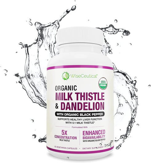 Max Absorption USDA Organic Milk Thistle 5:1 Concentrated Extract 2000mg & Organic Dandelion Root, 60 Count