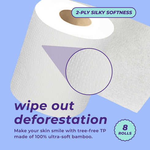Bim Bam Boo Bamboo Toilet Paper - 2 Ply Sustainable Tissue, 8 Double Rolls, 320 Sheets Per Roll